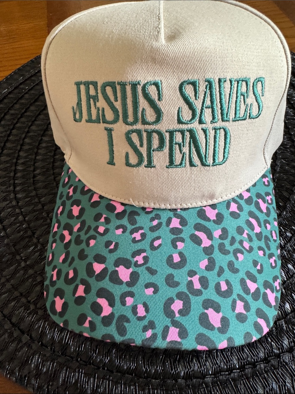 Beige and Pink Teal. .Jesus Saves I Spend' Leopard Print Cap
